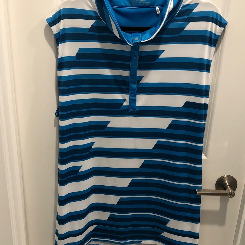 Jennifer Lopez Blue and White Striped Sleeveless Polo Top
